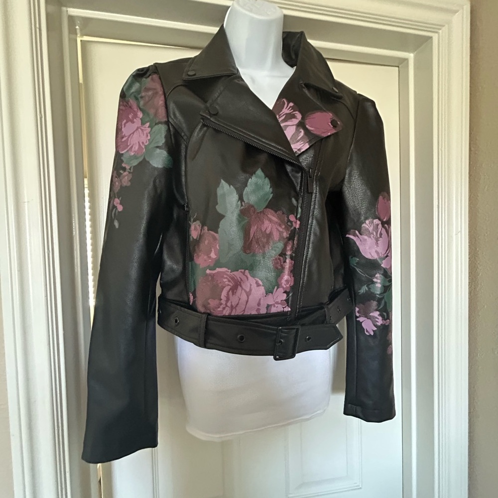 Anthropologie Floral Black Vegan Leather Jacket, NWOT, Size Medium, Waist length